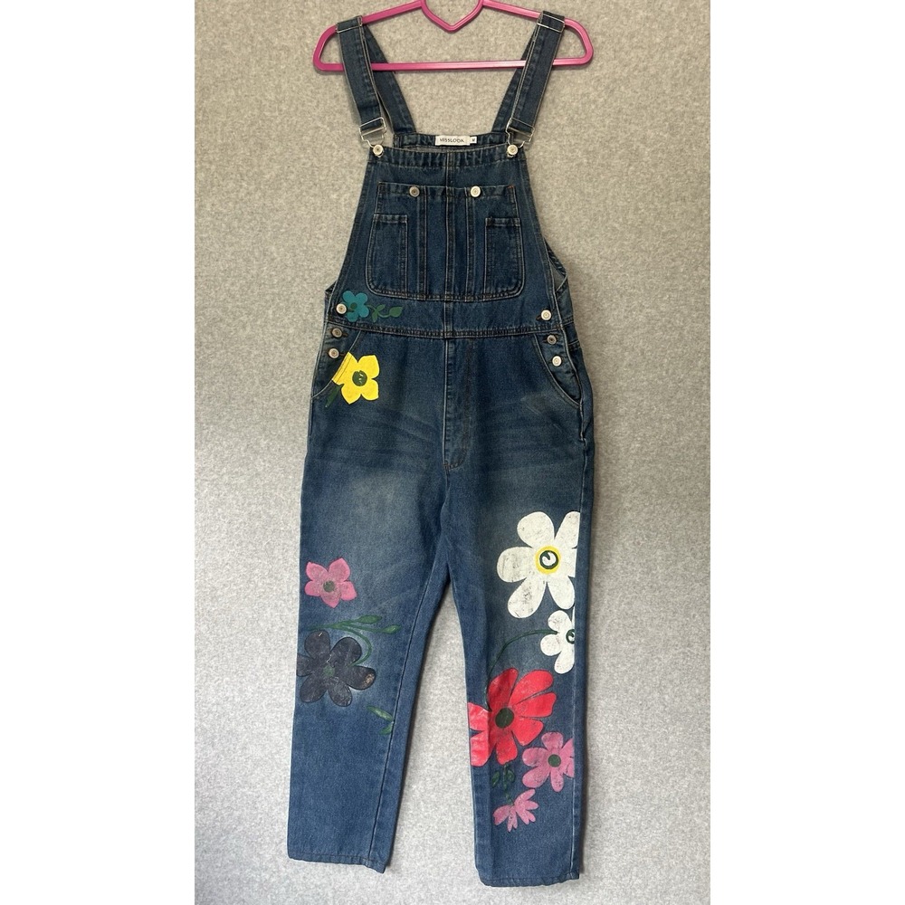 Misslook M Painted Flower Daisy Hippie Boho Denim Jean Overall Straight Leg 1